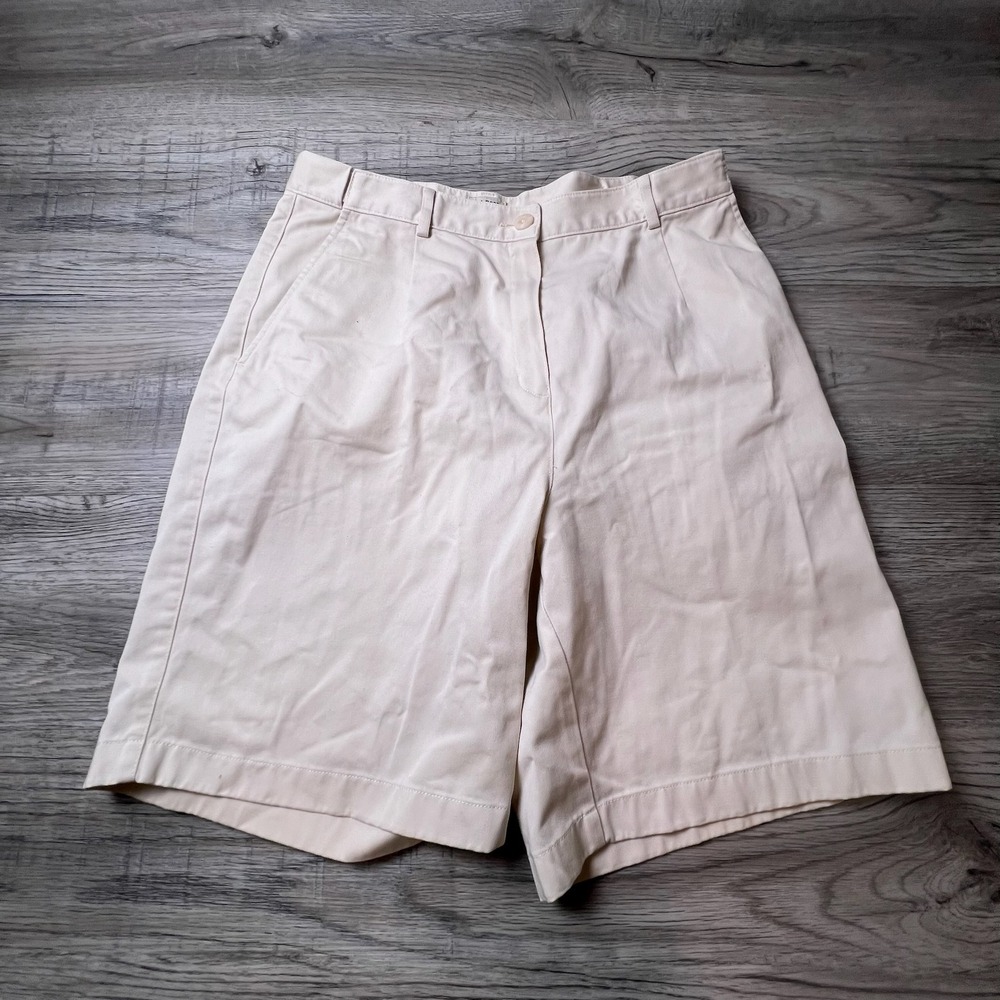 L.L. Bean Chino Shorts Womens 14 Beige Original Fit Cotton Pleated High Rise
